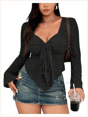 Plus Size V-Neck Bow Tie Front Long Sleeve Crop Top